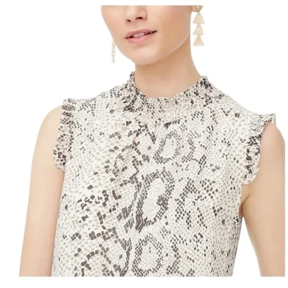 J. Crew Snakeskin-Print Mock-Neck Ruffle Neck/Sleeve Sleeveless Blouse. Size 0. - Picture 3 of 13